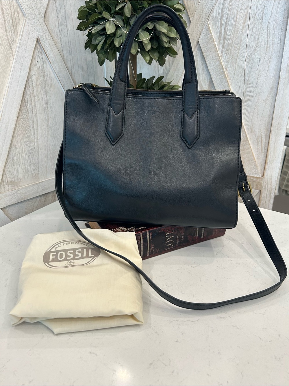Fossil Black Leather Satchel with Removable Crossbody Strap